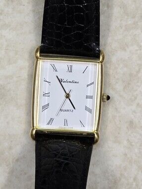 Valentino Gold-Tone Rectangular Case Black Leather Strap Watch